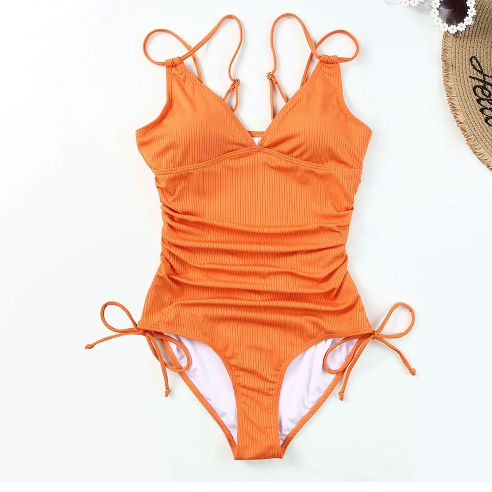 CALI BEACH BOUTIQUE size Medium Orange Textured Shirred Ruffle Sleeves NEW